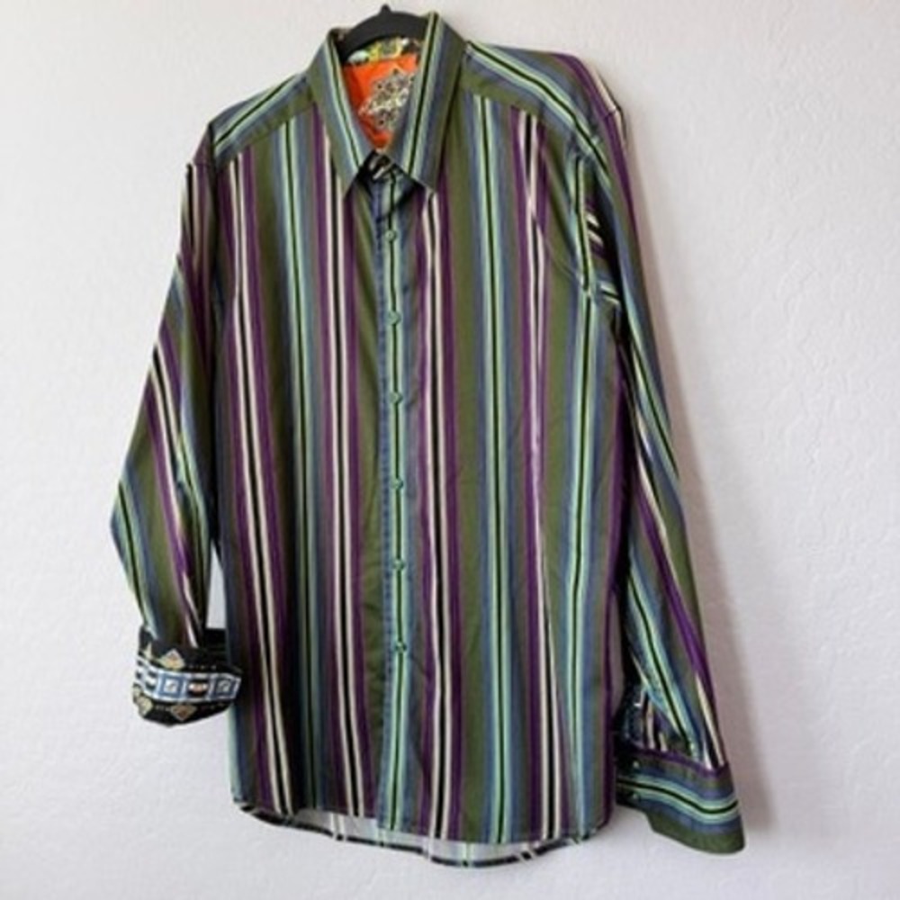 Robert Graham Mens XLarge Long Sleeve Button Up Shirt Green Colorful Stripes - Picture 3 of 11